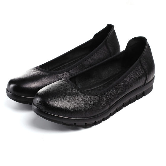 Genuine leather work shoes women's black non-slip flat work leather shoes soft bottom round toe women's shoes work shoes professional shallow mouth single shoes