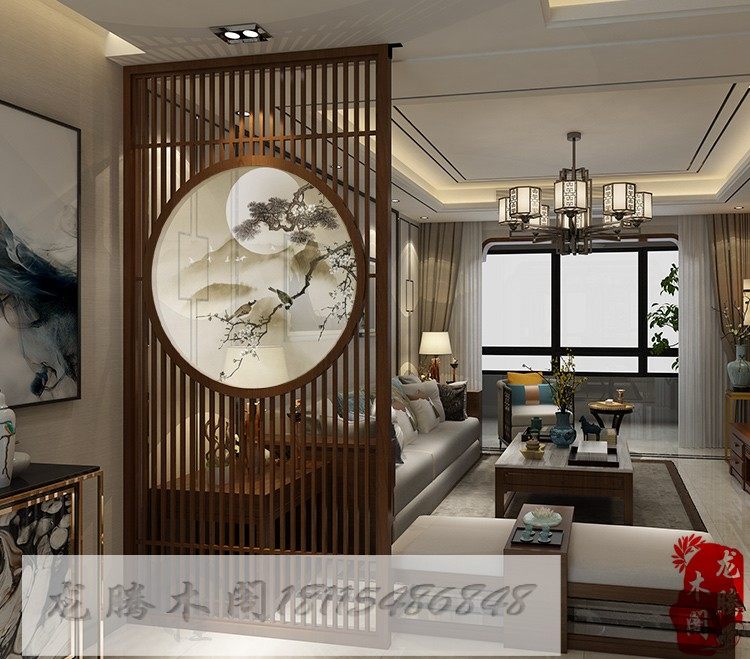 Dongyang wood carving new Chinese solid wood carved hollow screen partition antique flower grid TV background wall grille screen