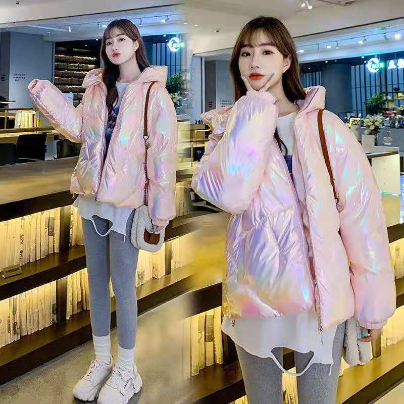 2025 Winter New Laser Colorful Glossy No-Wash down Cotton Jacket for Women Harajuku Thickened Cotton Coat and Jacket