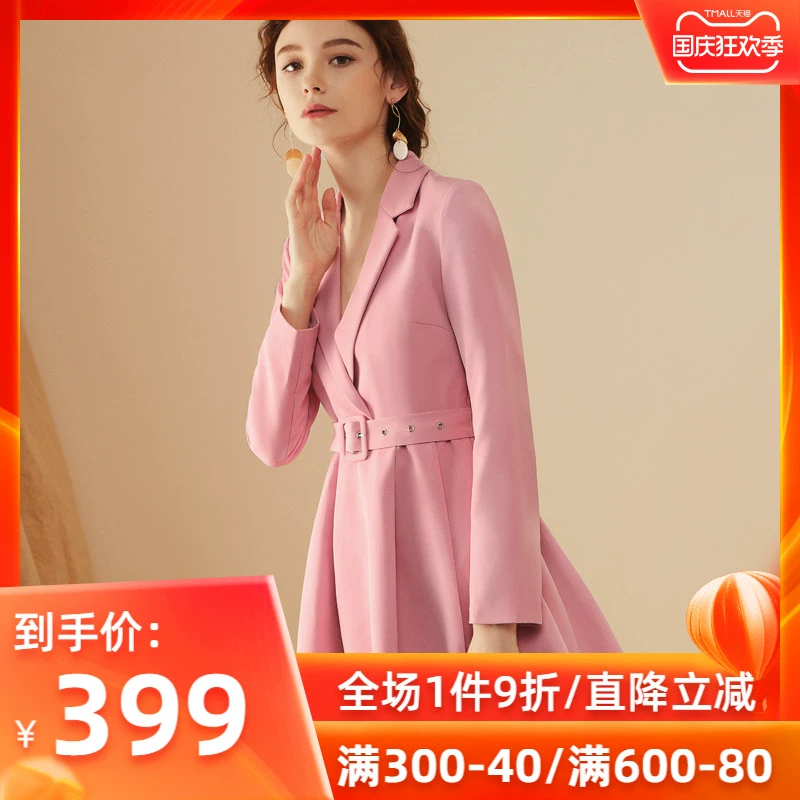 Bqueen2019 mùa đông mới thời trang đi lại CV ve áo cao eo A-line mỏng dài tay phù hợp với phụ nữ - Váy eo cao