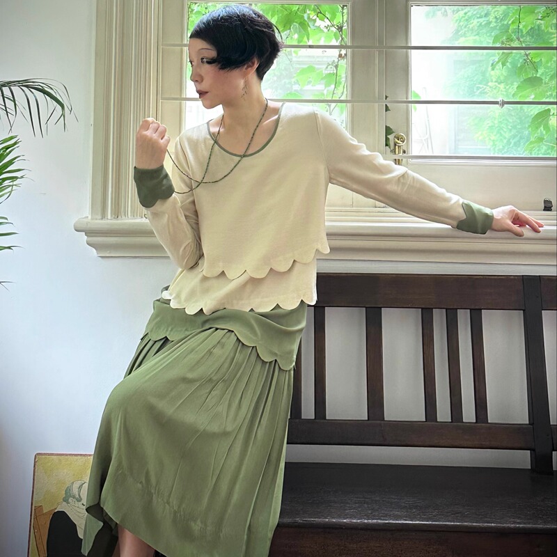 1920S|Two-Color Loose Straight Wavy Edge Color-Blocked Low-Waist Long-Sleeved Dress|Pink/Green