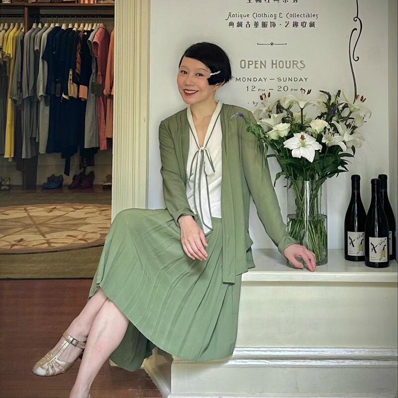 1920S|Summer Retro Duckweed Green Lace Pleated Sleeveless Ribbon Dress + Cardigan Jacket