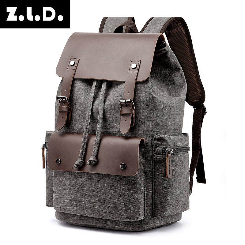 Canvas Backpack, Computer Bag, College Student Commuting Travel Drawstring Backpack, Flip-Top School Bag, Retro Backpack for Men