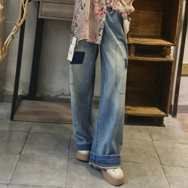 Jie Ai Artistic Unisex Casual Straight-Leg Jeans for Women with Patchwork Long Pants Spring/Summer Wide Leg Wf8858Kz