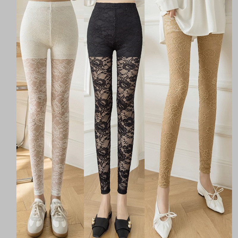 Lace Leggings for Women, Outerwear Pants, 2026 Spring and Summer Thin High-Waisted Hollow-Out Sexy Mesh Skinny Nine-Point Pants