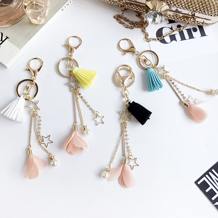 Korean Version Original Pentagram Small Flower Pearl Streaming Su Key Buckle Car Hangry Lady Key Chain Bag Pendant New