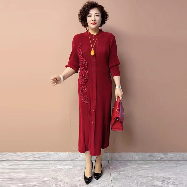 Elegant pleated plus size dress cardigan over the knee long skirt