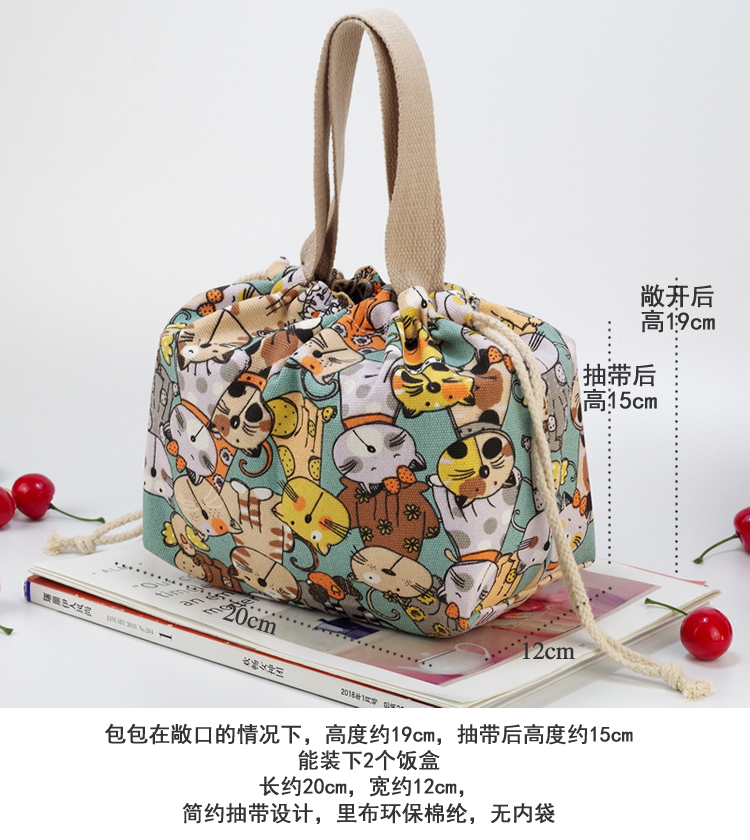Nhật Bản DrawString Canvas Túi của phụ nữ Satchel nhỏ Đồng tiền thông thường Ví Tote Hộp ăn trưa Túi in Túi vải hoang dã - Hộp cơm điện sưởi ấm hộp cơm cắm điện unold
