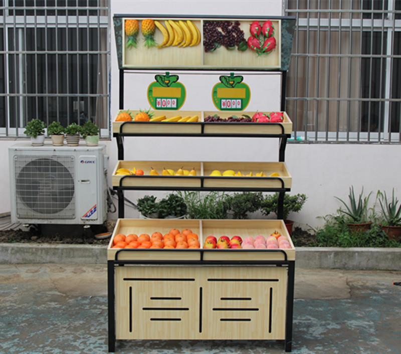 Steel Wood Shelving Fruit Vegetable Convenience Store Merchant Super Market Fresh Water Fruit Shop Commercial Multifunction Show Shelf Supermarket