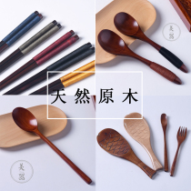 Natural log spoon tied thread chopsticks Japanese home solid wood fork winding thread wooden soup spoon creative retro spoon fish shaped rice