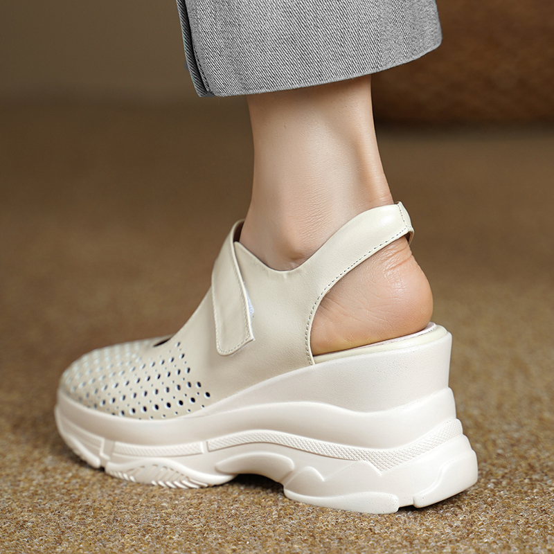 8cm Spring and Summer New Wedge Platform Clogs, Thick-Soled Genuine Leather Closed-Toe Buckle Sandals for Women, Comfortable for Commuting