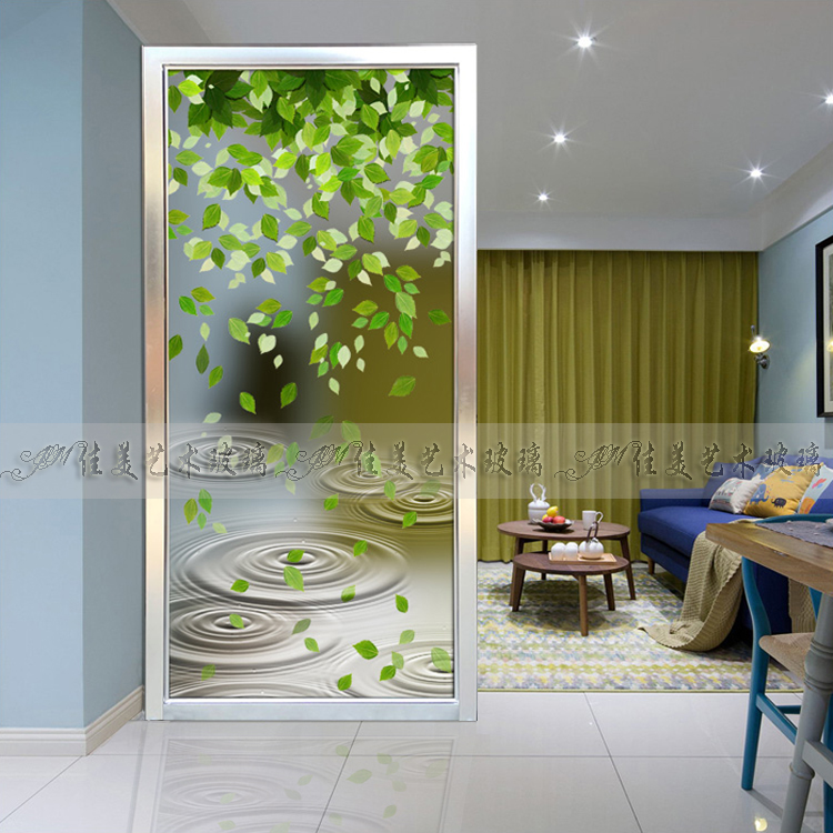 Art glass partition porch screen background wall living room dry and wet separation frosted light transmission effect-dripping green leaves