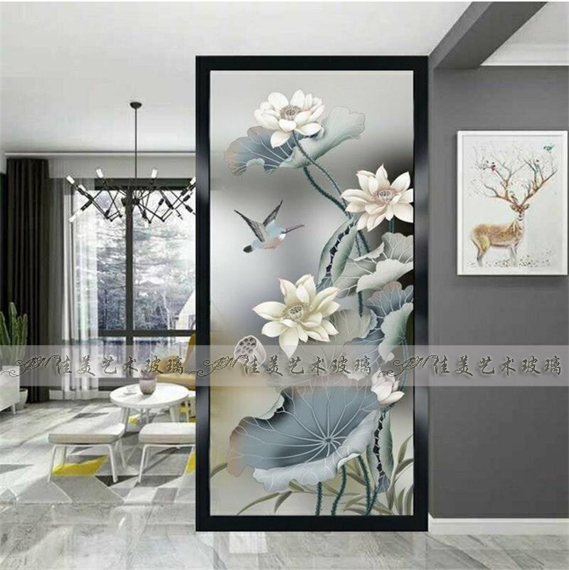 Custom Art Glass Partition Screen Xuanguan Walkway Living Room Background Wall Steel Frosted Engraving Flowers Euphotic Lotus Flowers