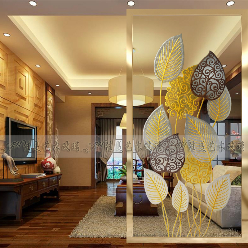 Art glass partition screen dry and wet separation living room entrance background wall carving flower process translucent home great cause