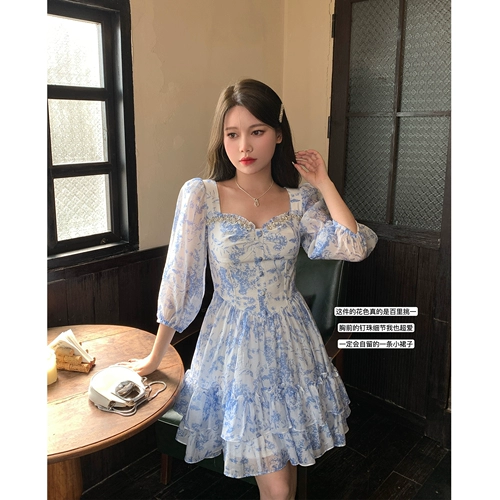 Весеннее летнее короткое платье, квадратный вырез, цветочный принт, А-силуэт