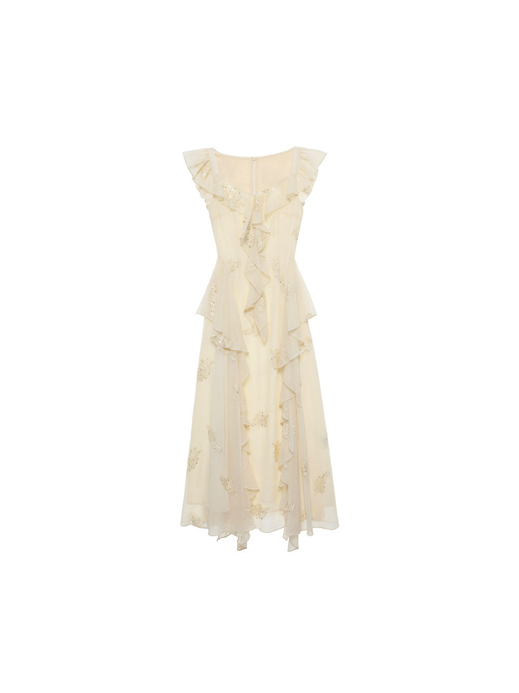 Cream ruffled sleeveless dress on a white background