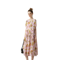 EIN Yan Elegant Pastoral Style Printed Drop Shoulder Sleeves High Waist A-Line Round Neck Layered Dress 24 Summer New Style