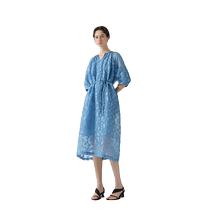 EIN Yan Ocean Waves Embossed Soft Mist Cut Flower Round Neck Corgensa Silk Dress 24 Summer New Style