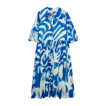 (Island Holiday) EIN Yan Literary Print Lace-Up Collar Three-quarter Sleeve Silk Cotton Dress 24 Summer New Style