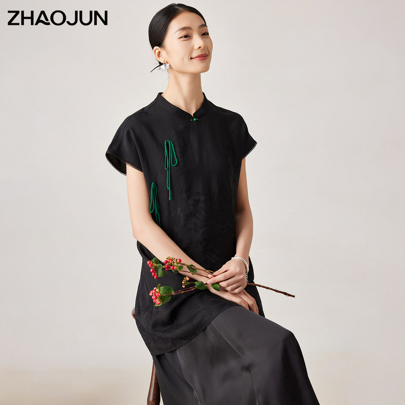 Zhaojun Limited Time Clearance Sale Spring/Summer Mulberry Silk New Chinese Style Jacquard Dress Women's Fake Two-Piece Design