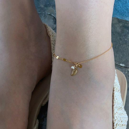 Natural pearl leaf anklet for women summer 2023 new trendy internet celebrity hot style high-end niche style simple anklet