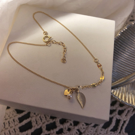 Natural pearl leaf anklet for women summer 2023 new trendy internet celebrity hot style high-end niche style simple anklet