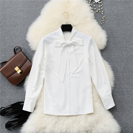 2022 autumn new bow tie top professional white shirt bottoming loose chiffon long-sleeved plus fleece shirt women