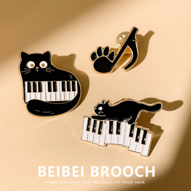 ດົນຕີກາຕູນ black cat brooch piano note metal badge cute kitten personalized men and women's bag accessories