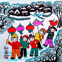 Chinese New Year Chinese New Year folk customs children lighting lanterns snow scene foreign guests gifts Huxian farmers painting size 25x25cm