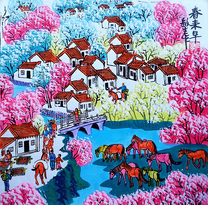 Spring Xiaochun to early scenery hotel hotel rural leisure farm courtyard decoration Huxian farmers painting Size 25x25cm