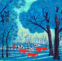 Forest cattle herding rural life pastoral pastoral calligraphy and painting gift Huxian farmers painting size 25x25cm