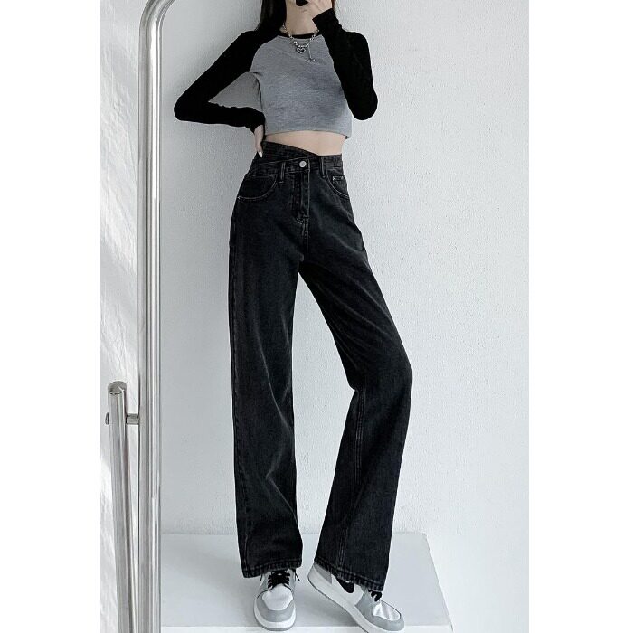 Long black gray jeans tall design sensitive high waist straight pants irregularly thin legs drag underpants autumn