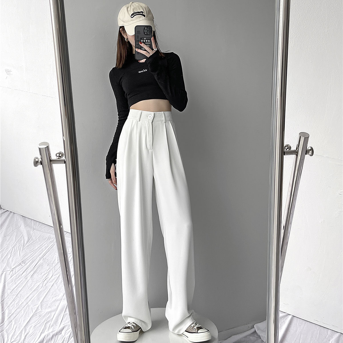 170 lengthened version of white suit wide-leg pants women's tall high waist drape casual mopping pants summer 175 super long