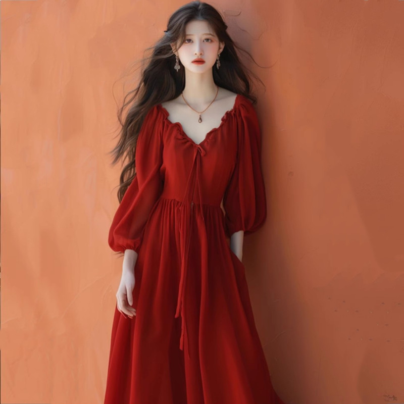 Plus-Size Red V-Neck Dress for Women, 2026 Spring New Style, High-End Dress for Chubby Girls, Engagement and Homecoming Dress