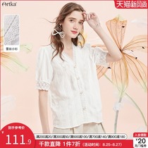  Akka pearl buckle lace lace top womens summer 2021 new stitching retro short-sleeved hollow chiffon shirt