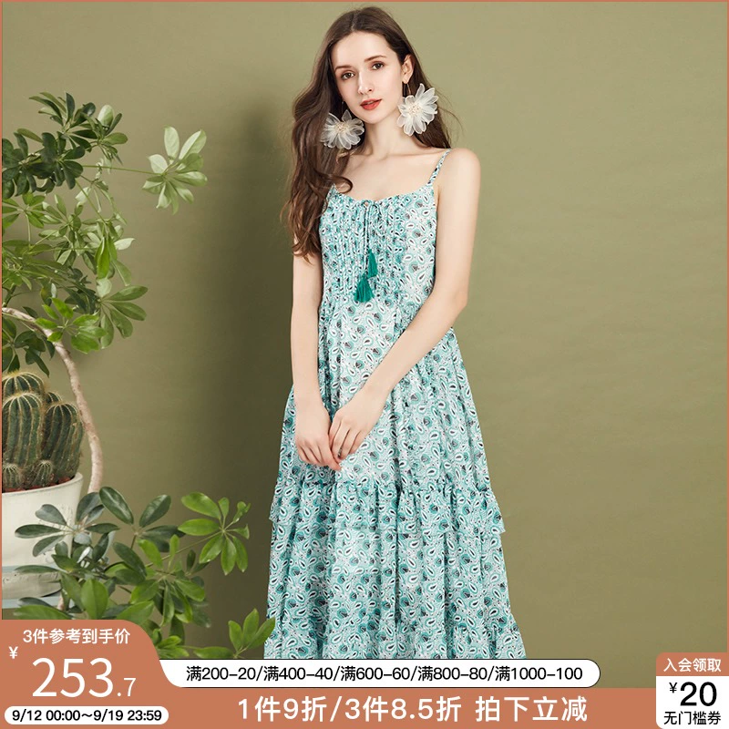 Aka Sling Dress dành cho phụ nữ mùa hè 2021 Thời trang mới của Pháp Bellflower Super Fairy Voan Floral Váy dài - váy đầm