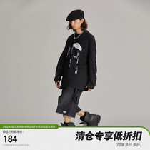 POH 19AW vampire print wash carbon black loose profile round neck long sleeve T-shirt mens trend coat tide