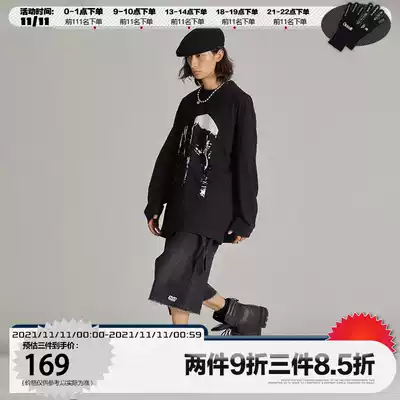 POH 19AW vampire print wash carbon black loose profile round neck long sleeve T-shirt men's trend coat tide