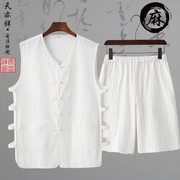 Mùa hè cotton và lanh tay áo vest không tay phù hợp với nam Tang phù hợp với Hanfu áo khoác ngựa áo sơ mi vải lanh quần hai bộ - Áo vest cotton