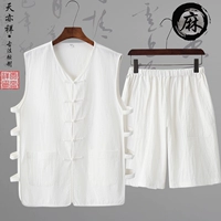 Mùa hè cotton và lanh tay áo vest không tay phù hợp với nam Tang phù hợp với Hanfu áo khoác ngựa áo sơ mi vải lanh quần hai bộ - Áo vest cotton áo ba lô nam