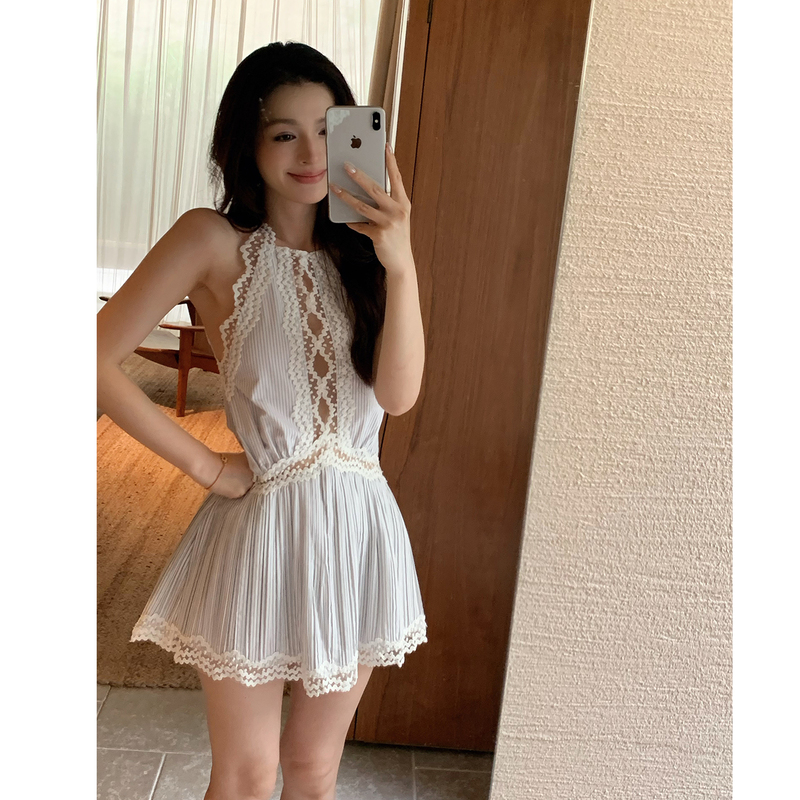 Lienni2026 Summer New Style Elegant Waist-Slimming Striped Hollow-Out Patchwork Lace Sleeveless Dress for Women