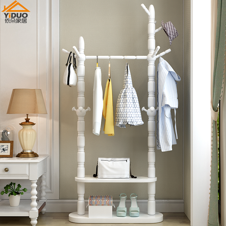 New coat rack solid wood floor clothes rack European style creative simple modern bedroom double pole hanger white