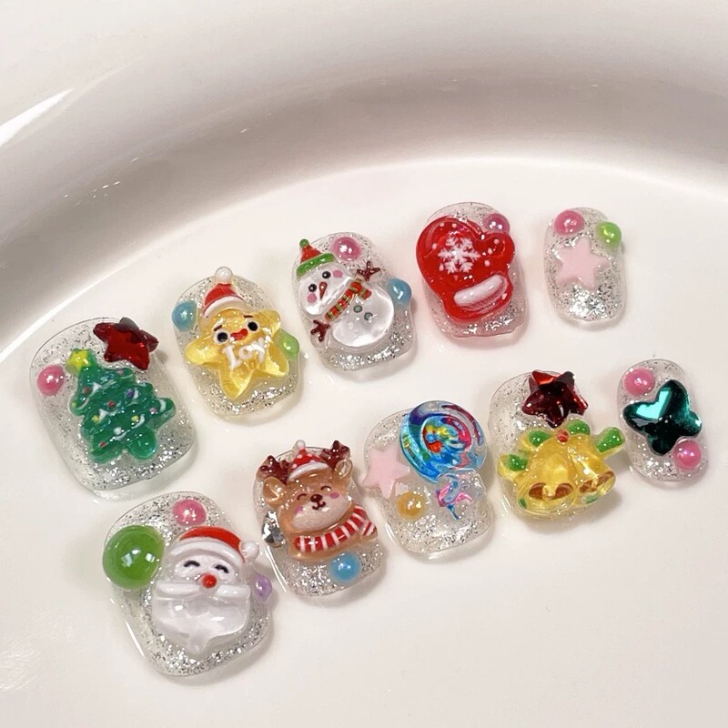 Christmas Manicure, Handmade Wearable Nails, Dopamine Cute Cartoon 3D Santa Claus Nail Stickers, Finished Product