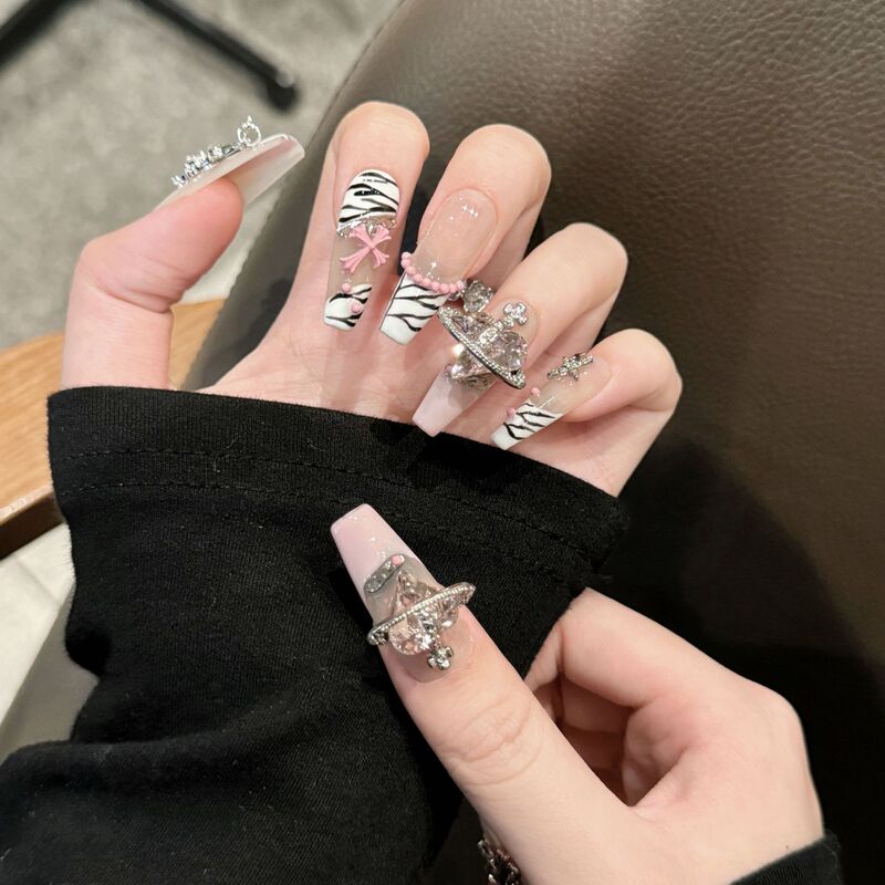 Pink Planet | Crow Heart Handmade Wearable Nails High-End Pink Zebra Pattern French Manicure Whitening Long Style
