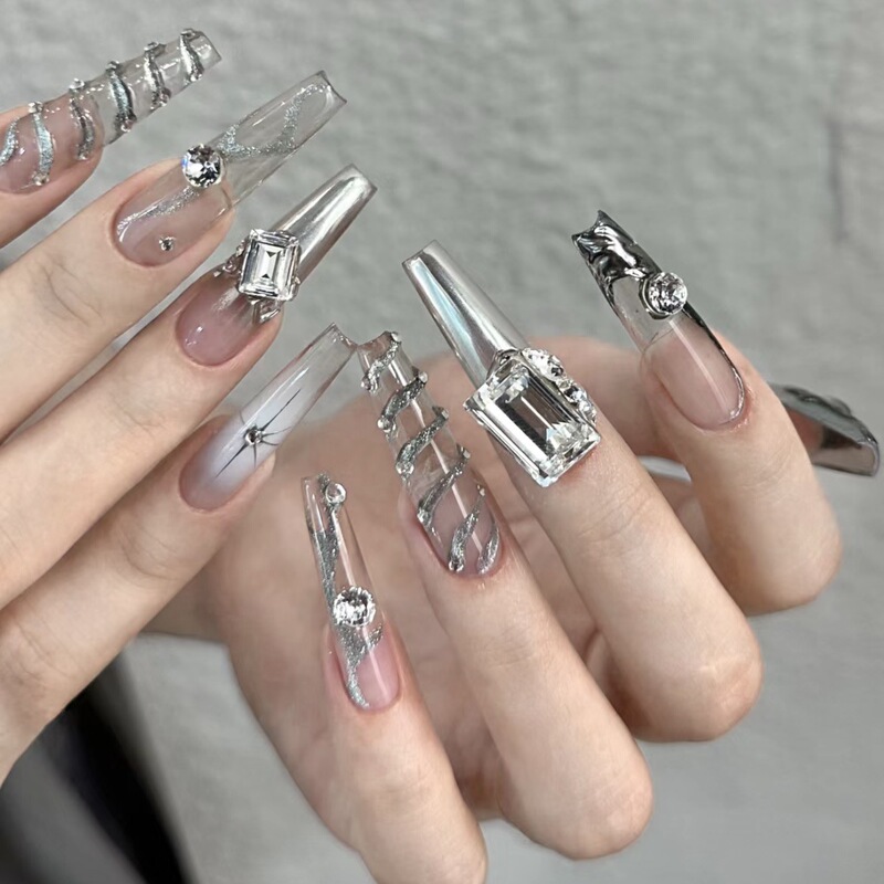 [Ice-Clear Sparkling Diamond Magic Mirror] Purely Handmade Wearable Nails, Long Style Bridal Manicure, Niche High-End Feel, 2025 New Model