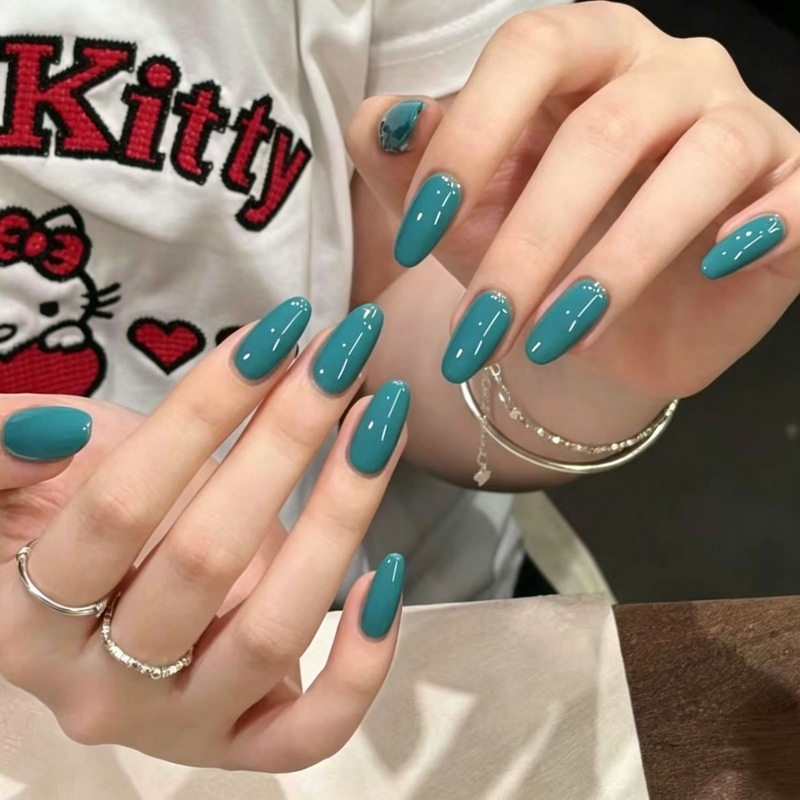 [Peacock Blue] Vintage Lake Green Solid Color Nail Art, Medium Length, Brightening, Cool and Elegant, Handmade Wearable Nails, New Style