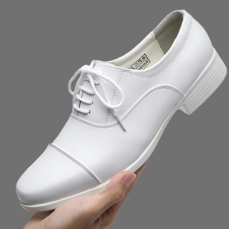 Authentic White Leather Lace-Up Casual Stage Shoes, Three-Piece Performance Black Leather Shoes, Military-Style Wedding Dress Shoes, Dance Shoes