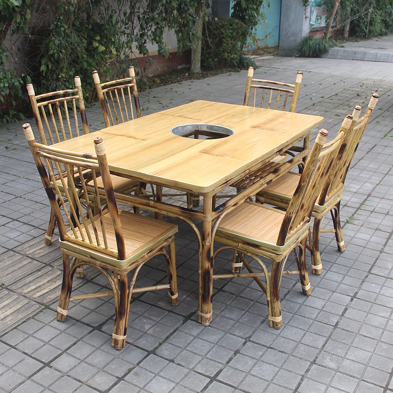 Handmade Bamboo Hemp Spicy Hot strings Double-layer square induction cooktop Bamboo Hot Pot Table And Chairs Combined Dining Room Home Patio