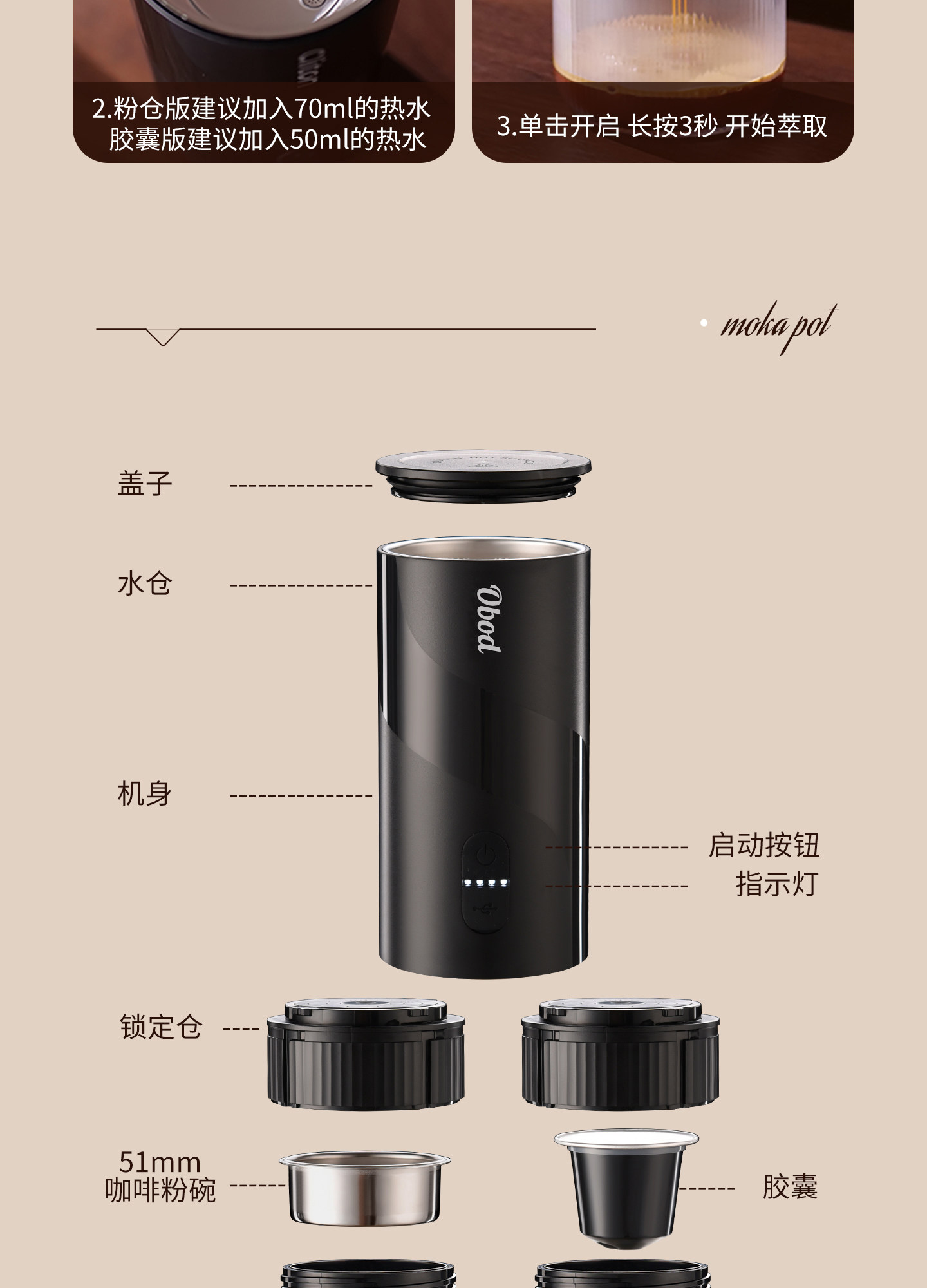 кофеварка obod便携式咖啡机套装旅行车载电动咖啡机户外浓缩胶囊萃取咖啡机