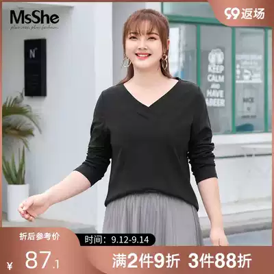 MsShe large size women's 2021 new fat sister lazy temperament thin wide side v collar elastic cotton T-shirt